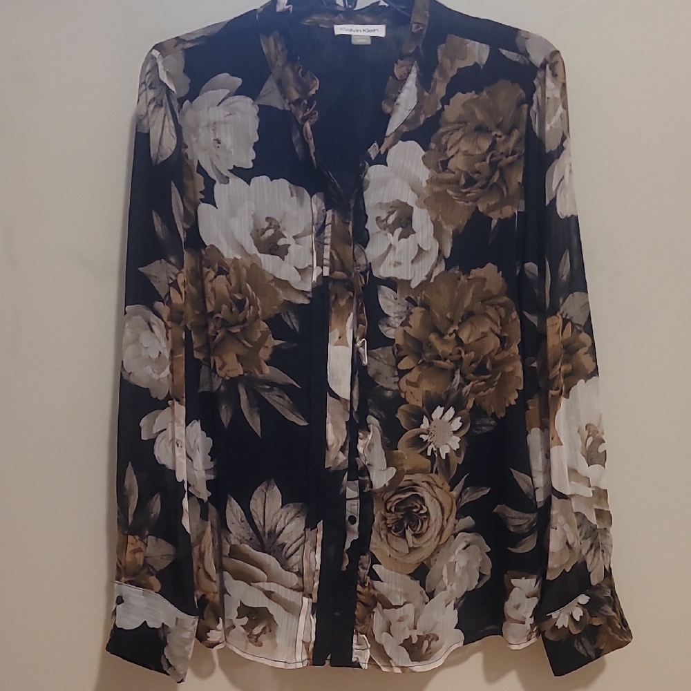 Calvin Klein Black and Brown Floral Blouse